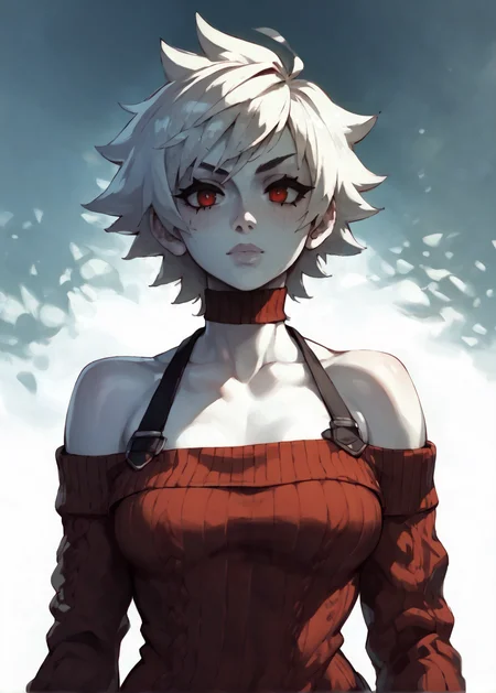 white skins, spiky red short tomboy hair, neutral expression, tight sweater, <lora:NAHIRI:1> nahiri, 1girl, solo, short hair, breasts, bare shoulders, white hair, colored skin, <lora:RD-MAnon-XLV1.1:1> female,, source_anime, score_9_up, score_7_up, score_8_up