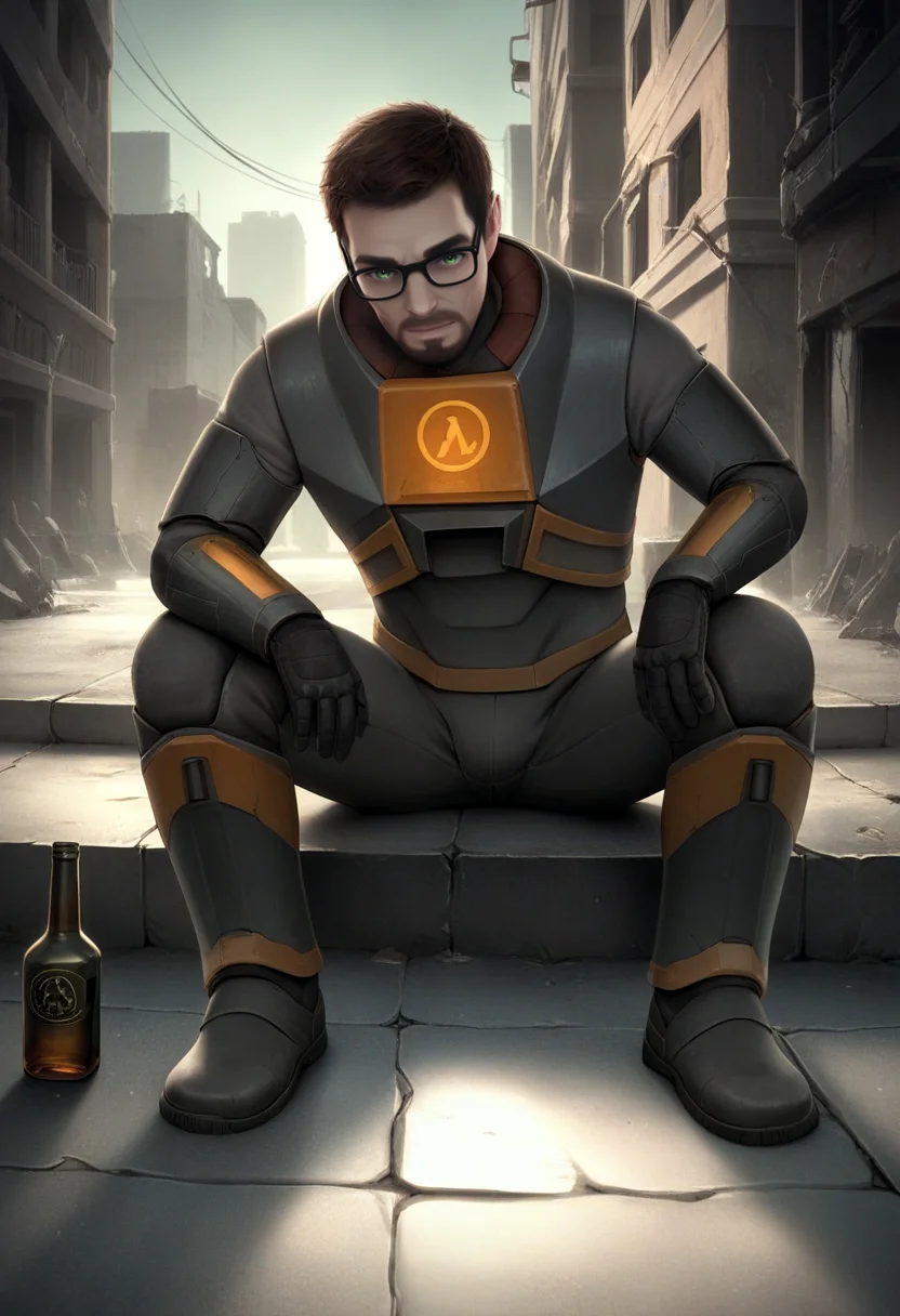 score_9, score_8_up, score_7_up, source_anime, realistic BREAK 1boy, solo, male focus, <lora:gordonfreeman-hl-richy-v1_pdxl:0.9> gordonfreeman, brown hair, short hair, facial hair, green eyes, glasses, power armor, sitting, sidewalk, concrete, alcohol, bottle, ruins, city, post-apocalypse