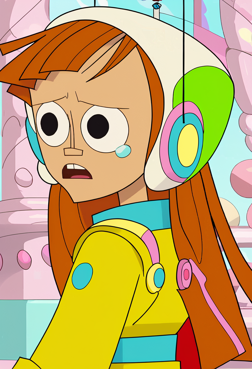<lora:TwelveForever_Reggie_Pony:1.2>, reggie \(endless\), reggie \(twelve\), tears, reggie, twelve forever, 1girl, solo, orange hair, long hair, black eyes, bangs, carousel, masterpiece, best quality, score_9, score_8_up, score_7_up