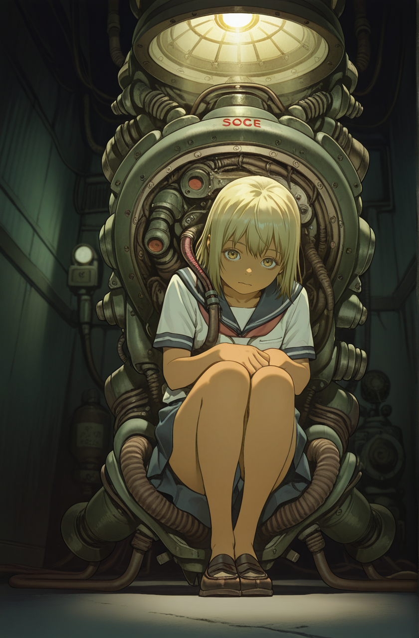 1girl,blonde hair,serafuku,perspective,looking at viewer, close-up,tan skin,
tatsuyuki ,dark room, (too much obselete machine:1.3) 
full of pipes,machine, searchlights, (Bionic animal in shadow:1.2),Curled up in the corner
<lora:Perfect Hands:1>  <lora:Tatsuyuki:0.9> <lora:add-detail-xl:1><lora:age_slider_v4:-3>, score_9, score_8_up, score_7_up, score_6_up, score_5_up, score_4_up,zPDXL