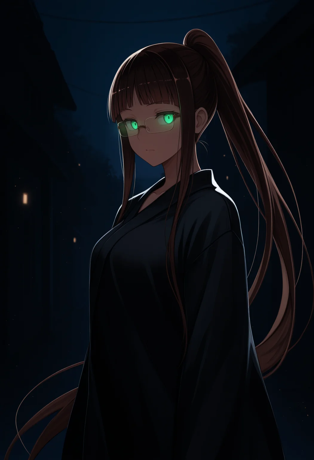 masterpiece, best quality, 1girl, solo, Rur1Miyam0to, green eyes, brown hair, very long hair, ponytail, bangs, glasses, dark, night, dark theme, glowing eyes, eye trail, <lora:ChamRuriMiyamotoNoob:1>