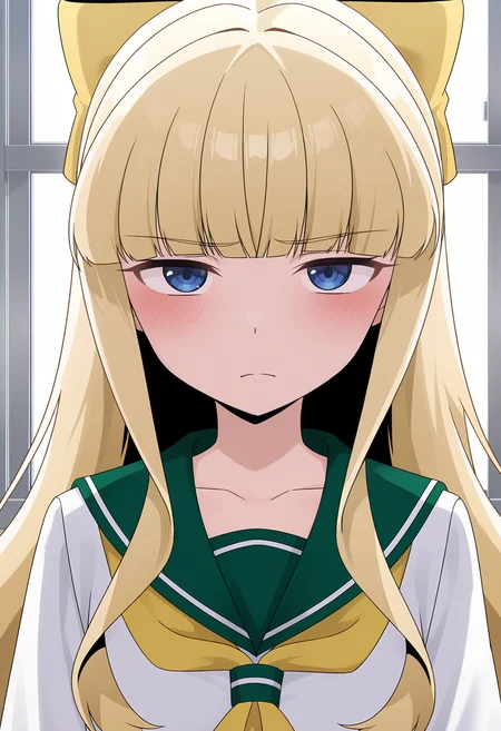 <lora:Tenkawa Kaoruko_illustrious-000036:1>,
Tenkawa Kaoruko,solo,bow,school uniform,hair bow,sailor collar,blunt bangs,upper body,shirt,serafuku,white shirt,neckerchief,closed mouth,green sailor collar,looking at viewer,yellow bow,window,blush,sidelocks,frown,yellow neckerchief