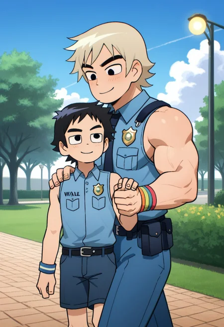 score_9, size difference, age difference, 2 boys , cartoon source, cartoon style, break
Policeman, police uniform, torn uniform, thick eyebrow, black eyebrow, smile, short blonde hair, muscular body, strong shoulders, break
Wallace, short hair, black hair, Black eyes, blue shorts, sleeveless shirt, blush, rainbow bracelets,, break
Gay couple, couple of two men, walking together, holding hands, park, countryside, blue sky.