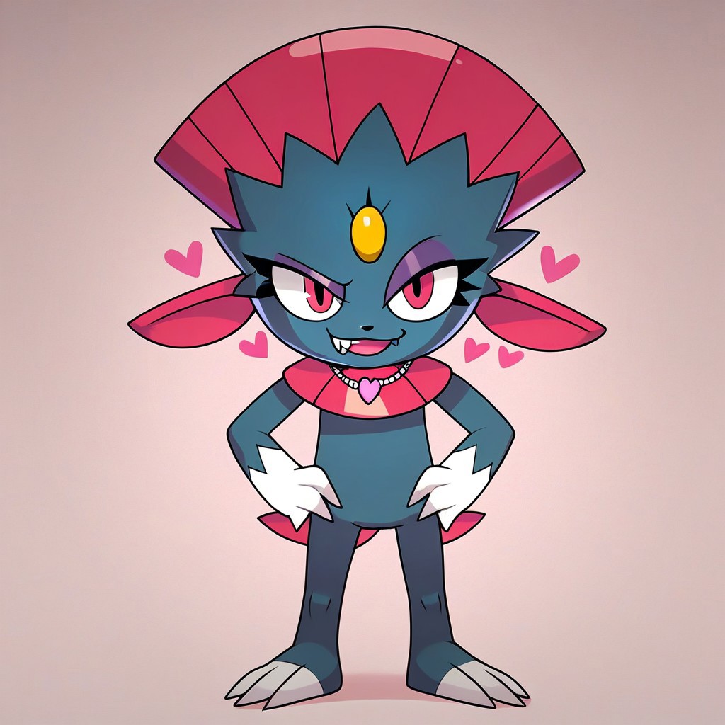 weavile, (((smug))), looking at viewer, (((wearing pink heart necklace))), (((girly))), (((eyelashes))), (((female))), smirking, smiling, happy, open mouth, open eyes, legs apart, full body, (((front view))), (((hands on hips))), (((flirty))), score_9, score_8, score_7, standing, posing, leering, tough, full body, solo