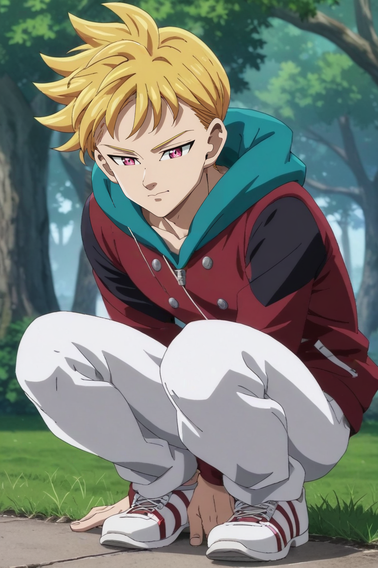 score_9, score_8_up, score_7_up, source_anime, rating_safe, intricate details, anime screencap, anime coloring, official style, , , 1boy, solo, male focus, <lora:lancelot_nnt_mny_pony:0.92>, lancelot_nnt_mny, blonde hair, pink eyes, short hair, wide angle, wide shot, full body, grass, tree, day, sunny, squatting, wavy mouth, suit jacket, snapback, <lora:sdxl_lightning_8step_lora:1>