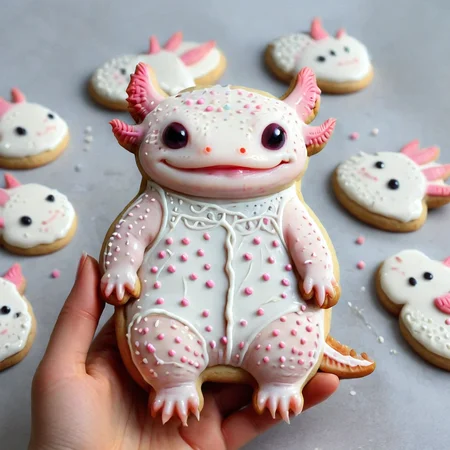 <lora:lora:1>cookie art design, <lora:Axomodelv2.1:1> simple cookie art, delicious cute axolotl cookies with icing, flat cookies, cookies with cute design <lora:add-detail-xl:1>