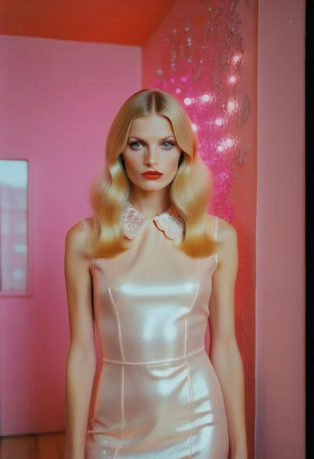 Marianna Rothen Style page, c41_zenit_kodakgold, a woman with long blonde hair, lace collar, sleeveless sequin mini-dress, surreal avant-garde style, bright spotlights, pink and orange colored walls, beauty ad campaign, still image from tv series, glossy red lipstick, maxim cover, pink glitter eyeliner, dark mascara, supermodel, flash photograph, terry richardson, mark jacobs, high heels, long legs