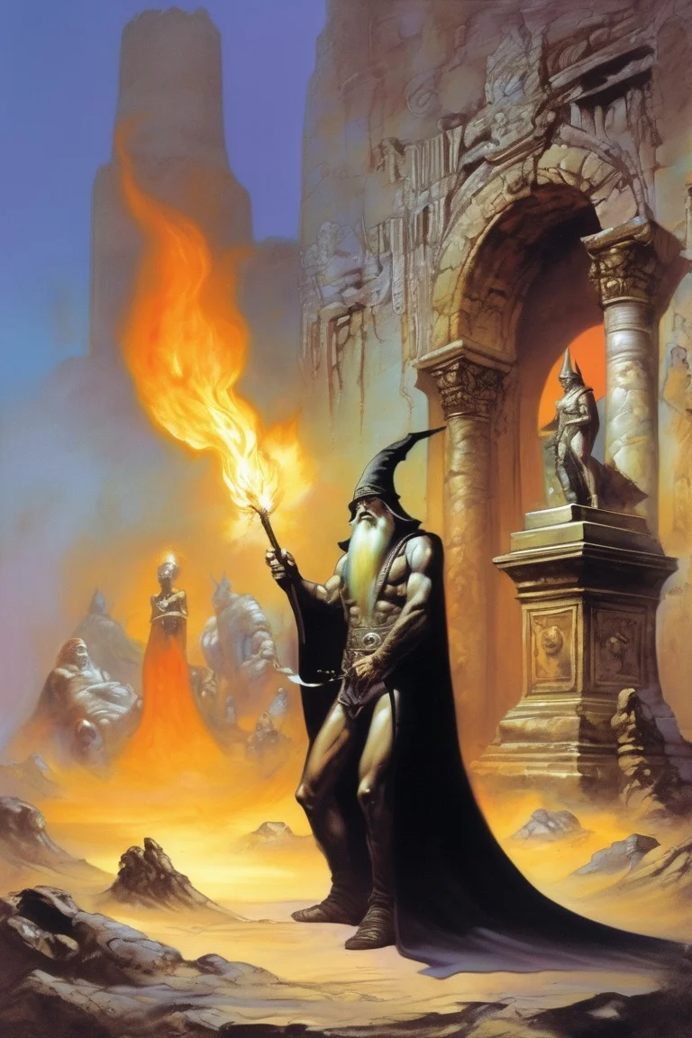 a wizard holds a staff of fire, ancient ruined palace, evil statues surround a littered scene <lora:Fantasy_art_XL_V1:0.75> stunning fantasy art by boris vallejo