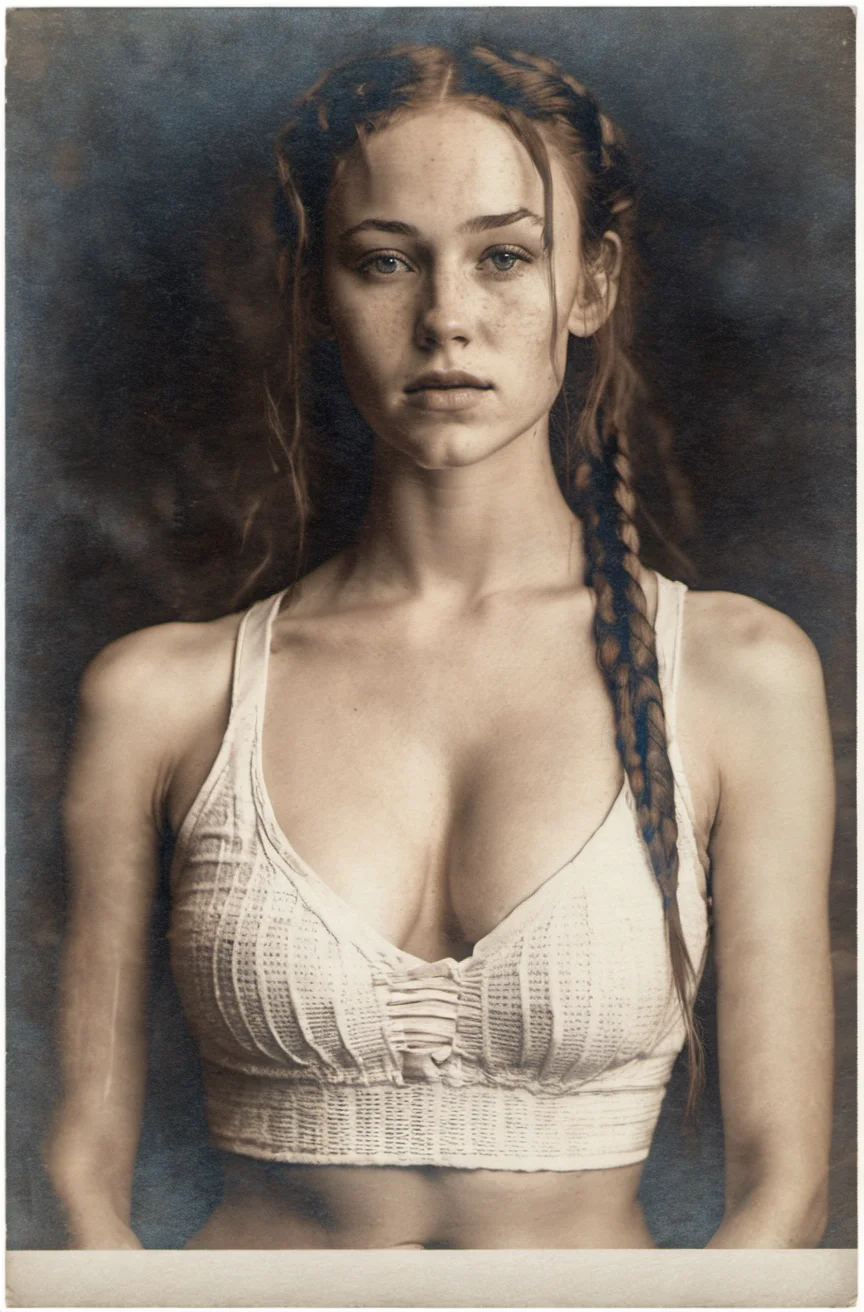 close up, beautiful young girl, sexy, 34C breast, perfect body, detailed gorgeous face, freckled skin, pale skin, long hair, thick fishtail braids, wearing deep v white sports bra, cinematic lighting, poster