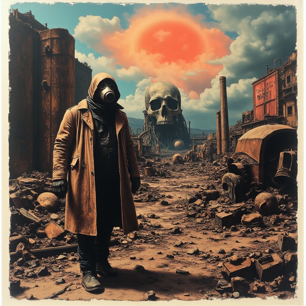 A risograph print capturing a post-apocalyptic Rostpunk scene, featuring a lone wanderer wearing a tattered trench coat and gas mask. The background is a crumbling, industrial wasteland with rusting metal structures, exposed pipes, and flickering neon signs. The scene is bathed in gritty textures, with a muted color palette of sepia, burnt orange, and teal. The risograph style enhances the grunge aesthetic, adding grainy, imperfect lines and halftone patterns that create a sense of decay and ruggedness. The sky is streaked with clouds of smoke and ash, emphasizing the harsh, dystopian atmosphere. The wanderer's silhouette is illuminated by a distant light, adding a sense of mystery and resilience to the composition.