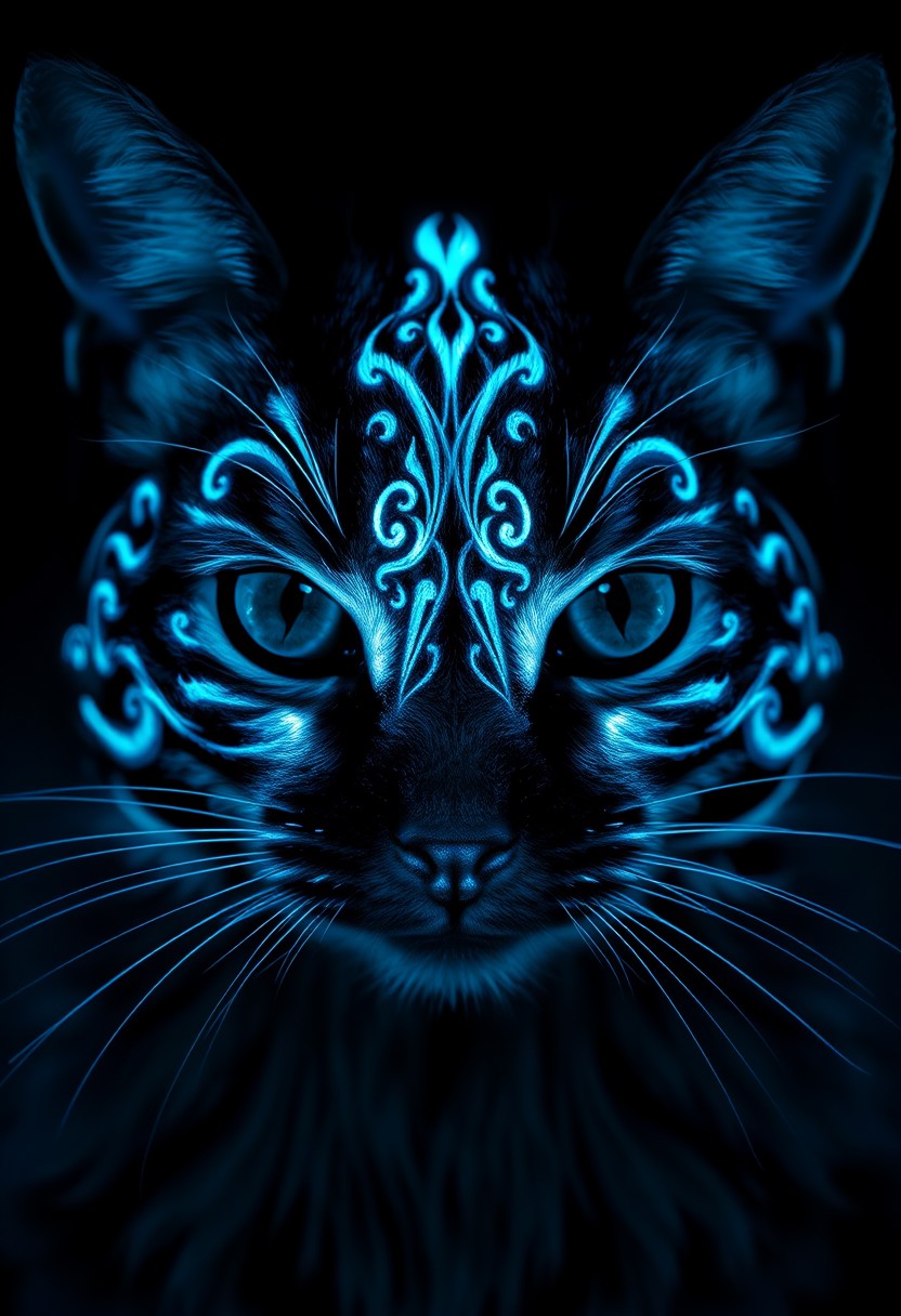 In a mesmerizing, hyper-realistic image, a cat's face is rendered in exquisite detail, with glow-in-the-dark face paint applied in a intricate, swirling pattern. The paint glows with an intense, ethereal light, illuminating the surrounding fur and casting an otherworldly glow on the cat's whiskers and nose. The cat's eyes seem to gleam with a mischievous spark, as if it's aware of the magical aura surrounding its face. The glow-in-the-dark paint is rendered in precise, photorealistic detail, with subtle texture and shading that creates a sense of depth and dimensionality. The surrounding darkness is pitch black, making the glowing paint seem even more vibrant and intense, as if the cat's face is radiating an inner light. Highest-Quality, 4k, intricate details, visually stunning, Masterpiece