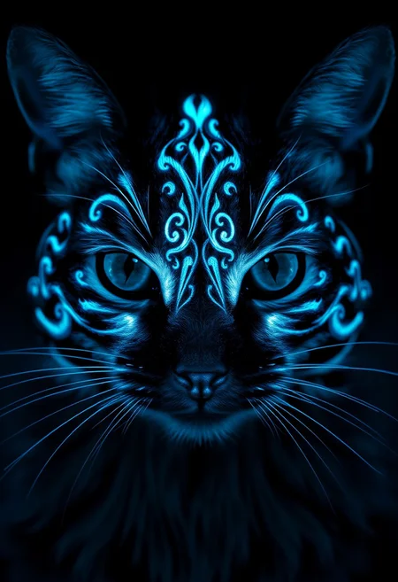 In a mesmerizing, hyper-realistic image, a cat's face is rendered in exquisite detail, with glow-in-the-dark face paint applied in a intricate, swirling pattern. The paint glows with an intense, ethereal light, illuminating the surrounding fur and casting an otherworldly glow on the cat's whiskers and nose. The cat's eyes seem to gleam with a mischievous spark, as if it's aware of the magical aura surrounding its face. The glow-in-the-dark paint is rendered in precise, photorealistic detail, with subtle texture and shading that creates a sense of depth and dimensionality. The surrounding darkness is pitch black, making the glowing paint seem even more vibrant and intense, as if the cat's face is radiating an inner light. Highest-Quality, 4k, intricate details, visually stunning, Masterpiece