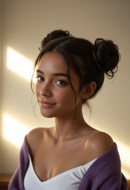 score_9_up, score_8_up, score_7_up, score_6_up, 1girl, 25 years old, perfect face, (adult), sexy,
detailed face, portrait, face focus, depth of field, looking at viewer, blush, shy smile, close up,
dark eyes, black hair, African, (dark skin:1.2), hair bun, double bun, messy hair,
white shirt, purple cardigan, off shoulder,
sunlight, warm lighting,