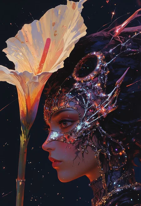 A hyper-realistic close-up portrait of a young woman wearing an elegant, avant-garde symmetrical mask crafted from intricately woven netting, this time with shimmering dark purple accents and scattered glitters that catch the light. The mask is beautifully outlined with delicate, silver embroidery, adding a refined touch. A striking calla lily partially obscures her face, its petals a rich blend of deep purple and creamy white, creating a dramatic contrast with the mask. Shot from a low angle to capture her intense expression, the composition highlights the detailed textures of the mask and flower, all enhanced by dramatic side lighting that plays off the glimmering accents, casting subtle sparkles for added depth and dimension.