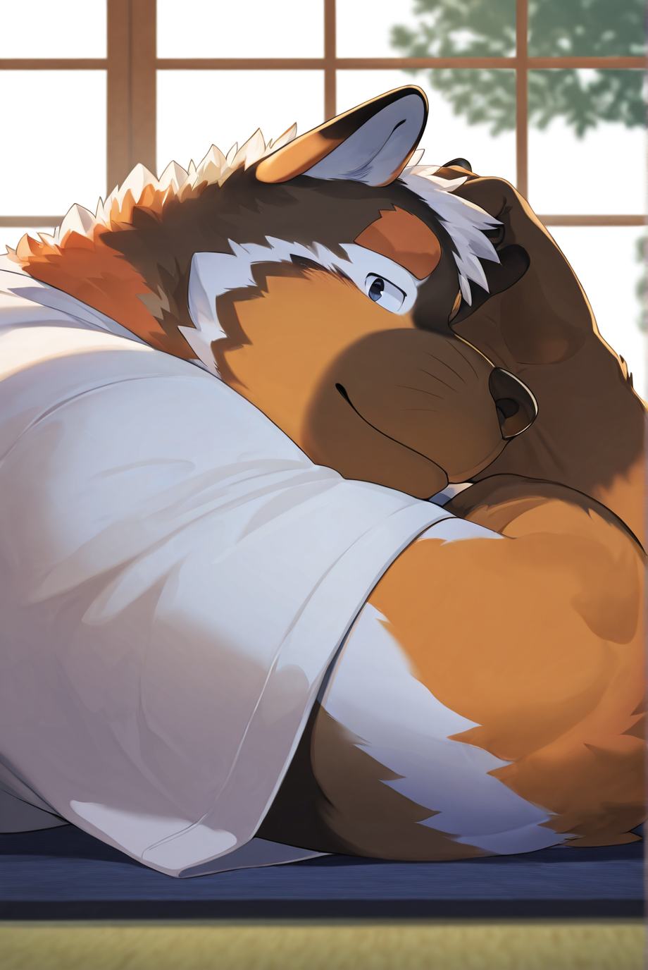 safe_pos, furry male, male focus, solo, thick eyebrows, furry, hakilas, brown fur, orange fur, white fur, upper body, from side, sunny, anthro, kemono, traditional Japanese room, looking at viewer head resting on palm, tatami floor mat, wooden table, casual clothing, t-shirt, light leak through window, open backyard view, indoor, cozy, colorful BREAK very aesthetic, masterpiece, very impressive background, best quality, high quality, absurd res, high detail, smooth drawing,  <lora:Character_Hakilas_BOOG_ILXL:1>