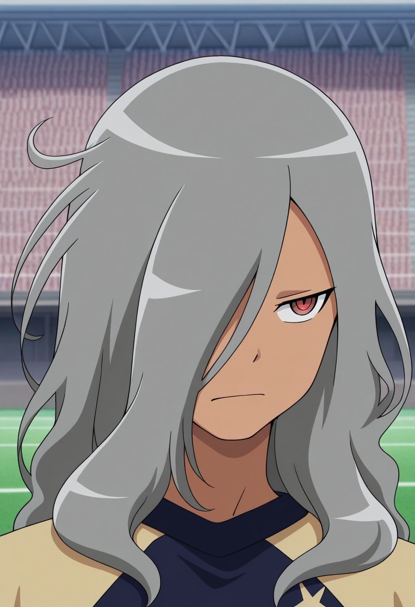 masterpiece,best quality,amazing quality, source_anime,
HaizakiRyouhei, 1boy, male focus, solo, dark skin, dark-skinned male, red eyes, grey hair, long hair, hair over one eye, seishou soccer uniform, black and gold shirt, multicolored shirt, portrait,
outdoor,