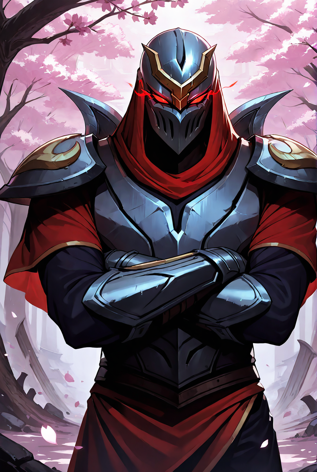score_9,score_8_up,score_7_up,best quality,ultra-detailed,high resolution,digital painting,8k,1boy,solo,cowboy shot,male focus,detailed face, front view,armor,helmet,red eyes,glowing eyes,gauntlets,pauldrons,standing,crossed arms,cherry blossoms,sakura,<lora:add-detail-xl:1>,<lora:Zed LOL:0.7>,zed lol,