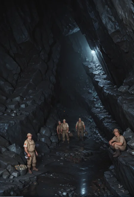 ,0959,light,cave,dark,indoors,
Mine workers,miners clothing,iron picks,multiple boys,Mining,5boys,<lora:0959 Mine_v1_pony:0.8>, score_9,score_8_up,score_7_up,,8k,1girl,solo,,