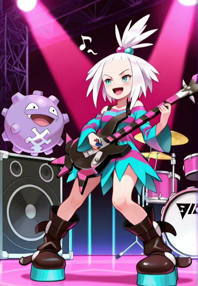 masterpiece, best quality, amazing quality, very aesthetic, absurdres, newest, detailed background,
roxie, 1girl, blush, smile, open mouth, blue eyes, hair ornament, dress, holding, white hair, :d, boots, tongue, striped clothes, strapless, pokemon (creature), spiked hair, hair bobbles, instrument, musical note, strapless dress, forehead, freckles, music, guitar, two-tone dress, holding instrument, platform footwear, striped dress, singing, playing instrument, topknot, electric guitar, bra strap, stage, drum, speaker, stage lights, bass guitar, plectrum, drum set, platform boots, holding plectrum, short hair, koffing
<lora:Roxie_-_Pokemon_Illustrious:1>