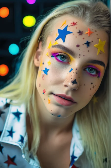 portrait photo of an 20 years old european blonde haired woman sitting in office, style \(artistic makeup with colored stars\) , 8k, uhd, realistic, detailed skin, insane detailed, Illumination daylight, <lora:artisticmakeup_bit_winks_yamer:1>