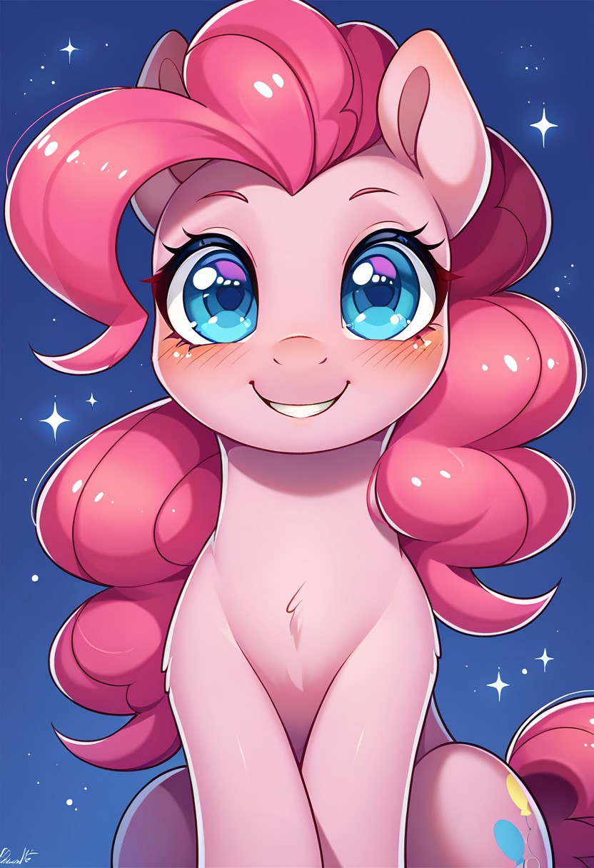 score_9, score_8, score_7, source_pony, pinkie pie, solo, 1girl, smile, looking at viewer, snout, blush