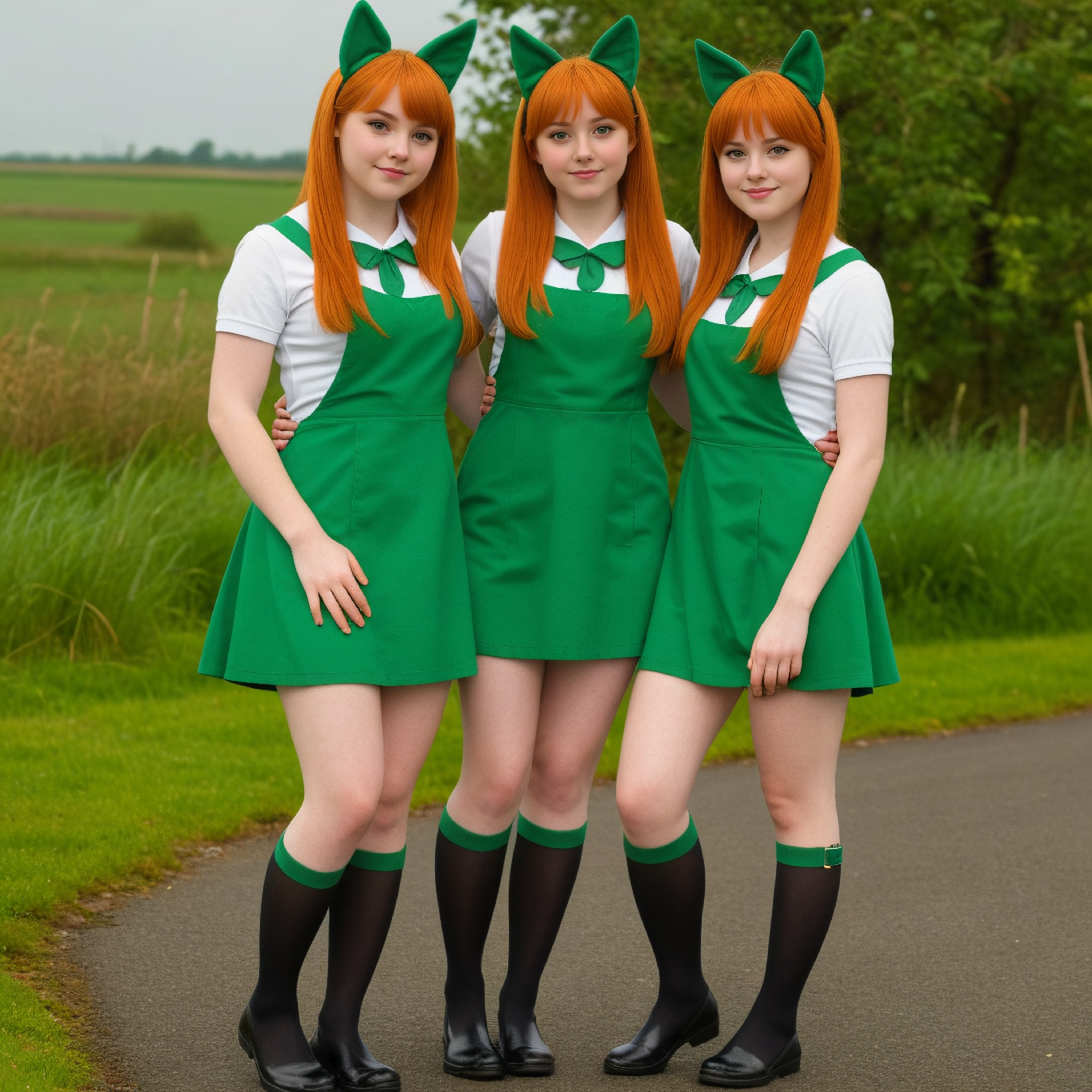 high detail full body photograph, two cute irish foxgirls, 25, round face, slightly chubby build,  cute feet,  tail, <lora:add-detail-xl:1.7> <lora:bralessSDXL_v1_00022:0.8> braless