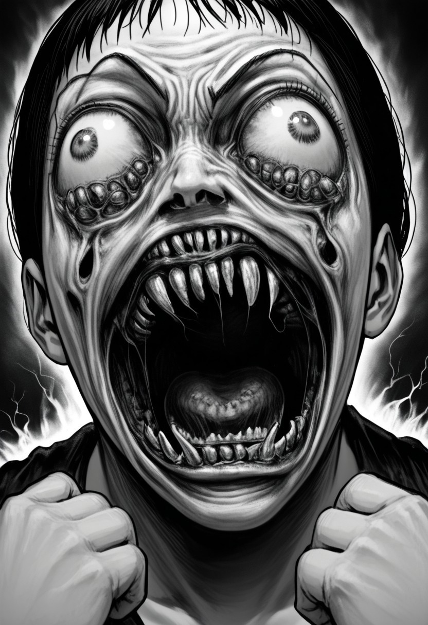 Kirby with rage face, open_mouth, rage face, shouting, nightmare fuel, horror, junj11t0, junji ito, monochrome, creepy, manga