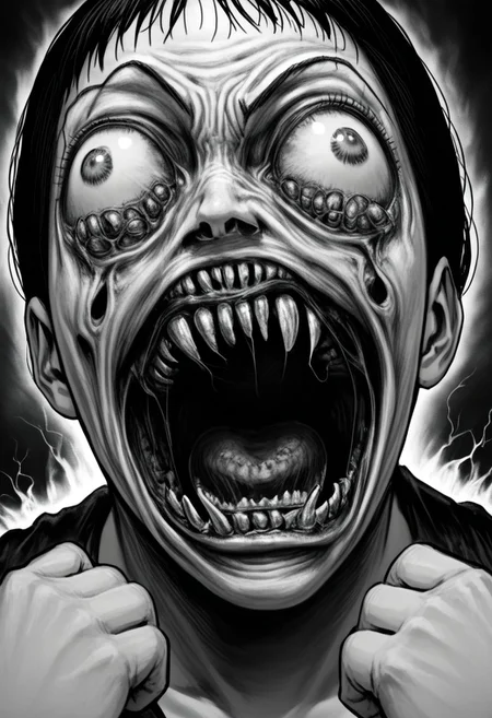 Kirby with rage face, open_mouth, rage face, shouting, nightmare fuel, horror, junj11t0, junji ito, monochrome, creepy, manga