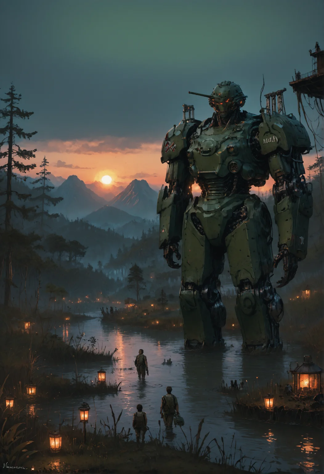 score_9, score_8_up, score_7_up, <lora:MechaForge-000003:1> m3chaf0rge, giant, giant mech, mecha, bipedal mech, science fiction, sunset, tank, military mech, full body, legs, swamp, wetland, people,