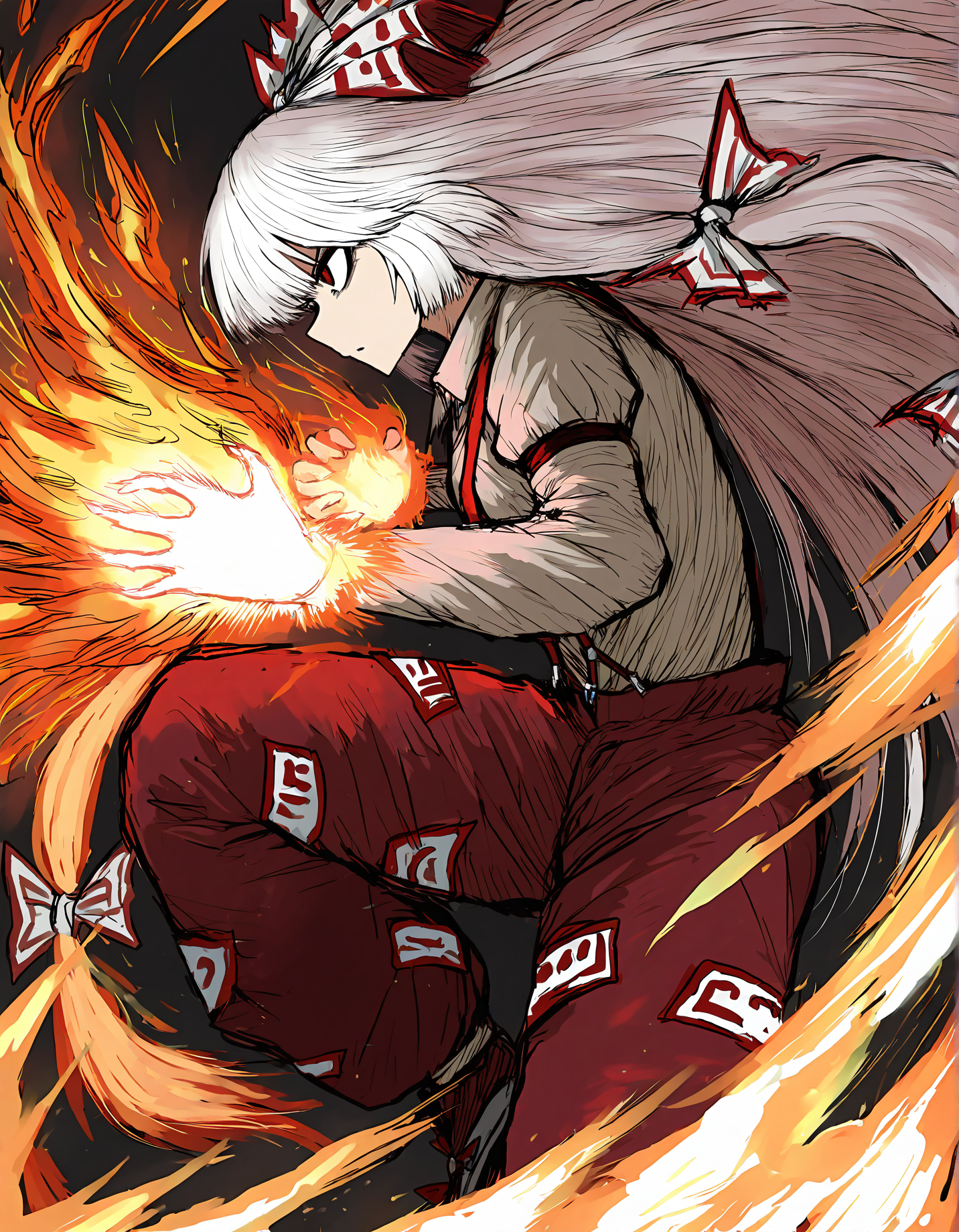 sushi yuusha toro, 1girl, solo, fujiwara no mokou, fire, flaming hand,
very awa, masterpiece, best quality, year 2024, newest, highres, absurdres, <lora:black-souls-style-noobai-vpred10-prodigy-DoRA-debiased:1>