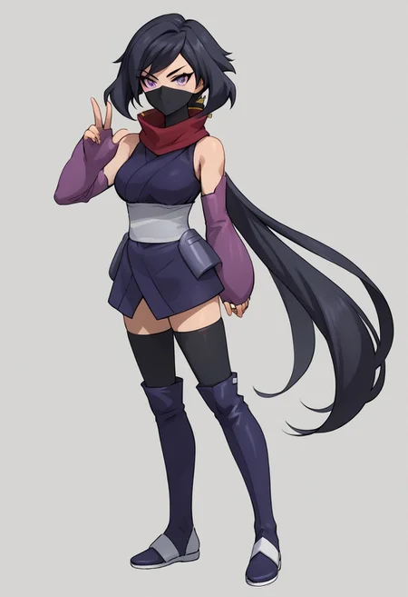 score_9, score_8_up, score_7_up, source_anime, good anatomy, detailed face, beautiful face, 1girl, solo, AyameGBD, black hair, long hair, split ponytail, ponytail, very long hair, zettai ryouiki, purple eyes, bare shoulders, ninja, dark blue kimono, white obi, black thighhighs, thighhighs under boots, dark blue kneeboots, white sandals, detached sleeves, elbow gloves, fingerless gloves, long purple gloves, ninja mask, half mask, mouth mask, red scarf, standing, full body, smirk, ninja handsign, fluttering kimono