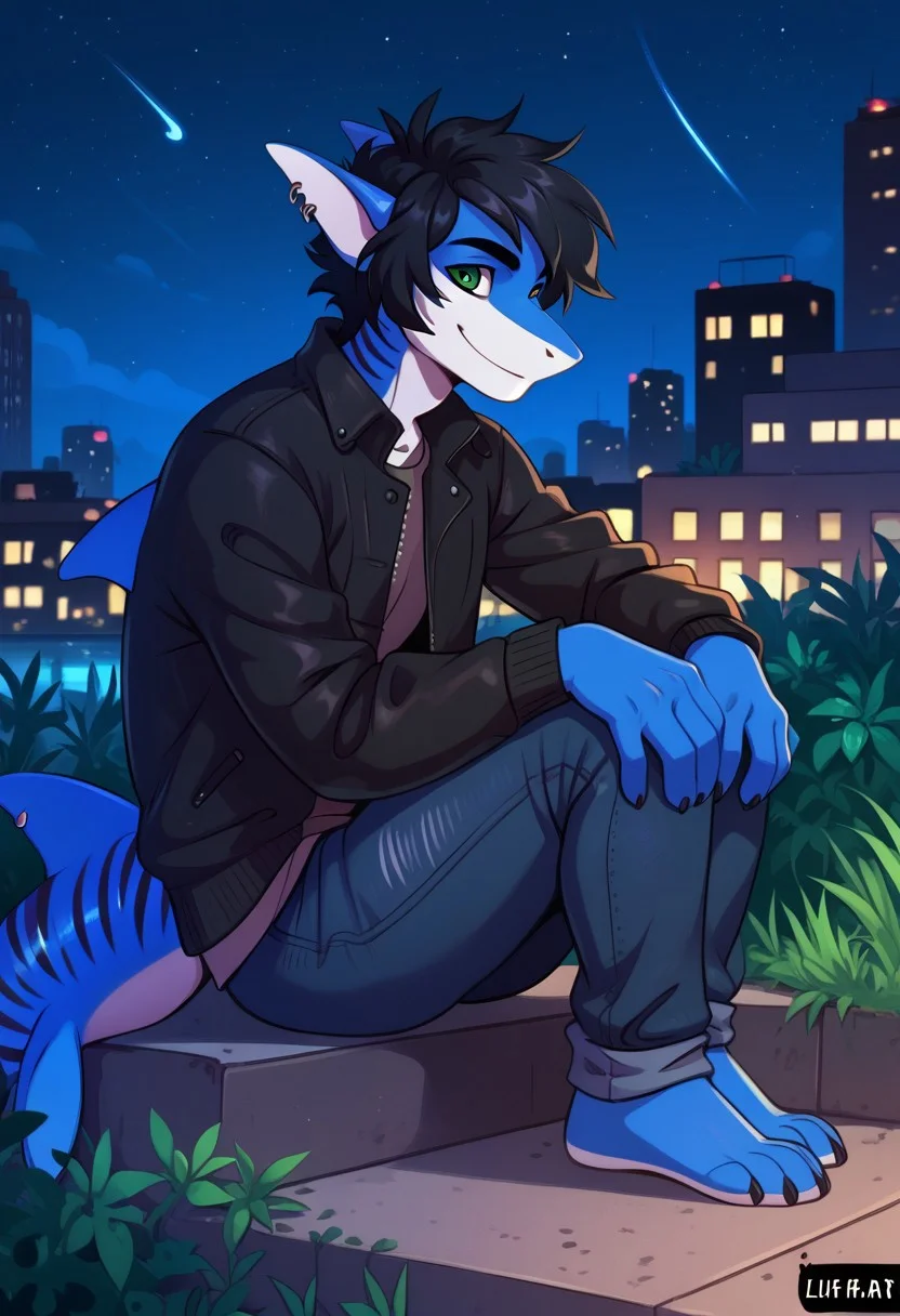 ziffir_stylepxl, score_9, score_8_up, score_7_up, 1boy, solo, lunarsunxl, anthro shark,dark blue skin, stripes on the body, short hair,lush hair,black hair, green eyes, shark tail, ear piercing, BREAK, sitting on the ground, left leg straight, right knee bent, hands on knees, black leather jacket, blue jeans, side view, night sky, looking at the sky, slight smile, background hill outside the city,