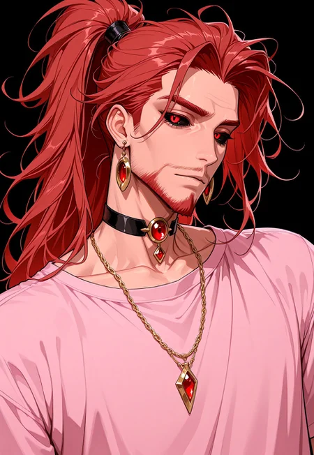 masterpiece, best quality, absurdres, very aesthetic, D3ND3N, 1boy, male focus jewelry, red eyes, solo, red hair, necklace, choker, shirt, facial hair, long hair, ponytail, colored sclera, black background, black sclera, earrings, pink shirt, upper body, , looking at viewer, bishounen,
