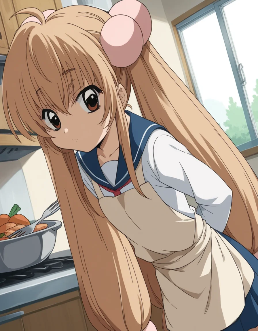 score_9, score_8_up, score_7_up, source_anime, <lora:rin-kokonoe-s1-ponyxl-lora-nochekaiser:1>, rin kokonoe, long hair, brown hair, hair ornament, twintails, brown eyes, very long hair, hair bobbles,, school uniform, serafuku, long sleeves,, kitchen, cooking, apron, cutting vegetables, home cooking, , hands behind back, bent over,, looking at viewer, solo,, dutch angle, cowboy shot
