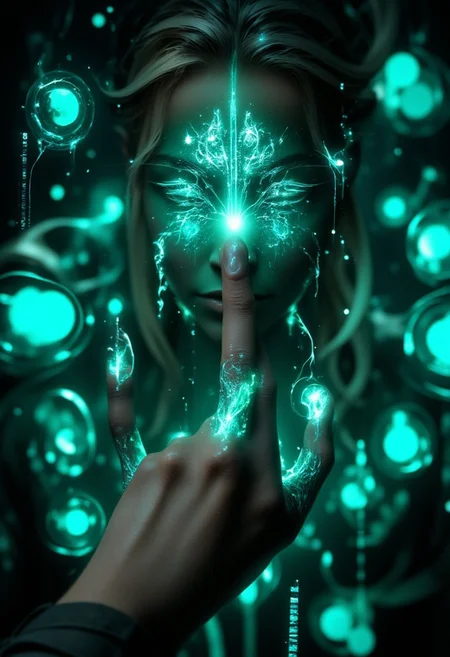 Emo woman upper body face close up. A hyper-detailed, futuristic close-up of a human fingertip illuminated by a soft green glow, revealing a complex, holographic circuit pattern etched into the skin, resembling a digital fingerprint. The intricate lines and nodes of the circuitry shimmer with a faint white and blue light, symbolizing advanced biometric technology. Surrounding the finger, a semi-transparent user interface displays scanning progress indicators, synchronization bars, and faint text overlays, adding to the high-tech aesthetic. The background is softly blurred, suggesting a sleek, digital environment while emphasizing the focus on the finger and its augmented details. <lora:aidmaFLUXPro1.1-FLUX-v0.3.safetensors:1.0>,  <lora:Dark side of light.safetensors:0.55>, <lora:Glitchcore_Flux.safetensors:0.8>,