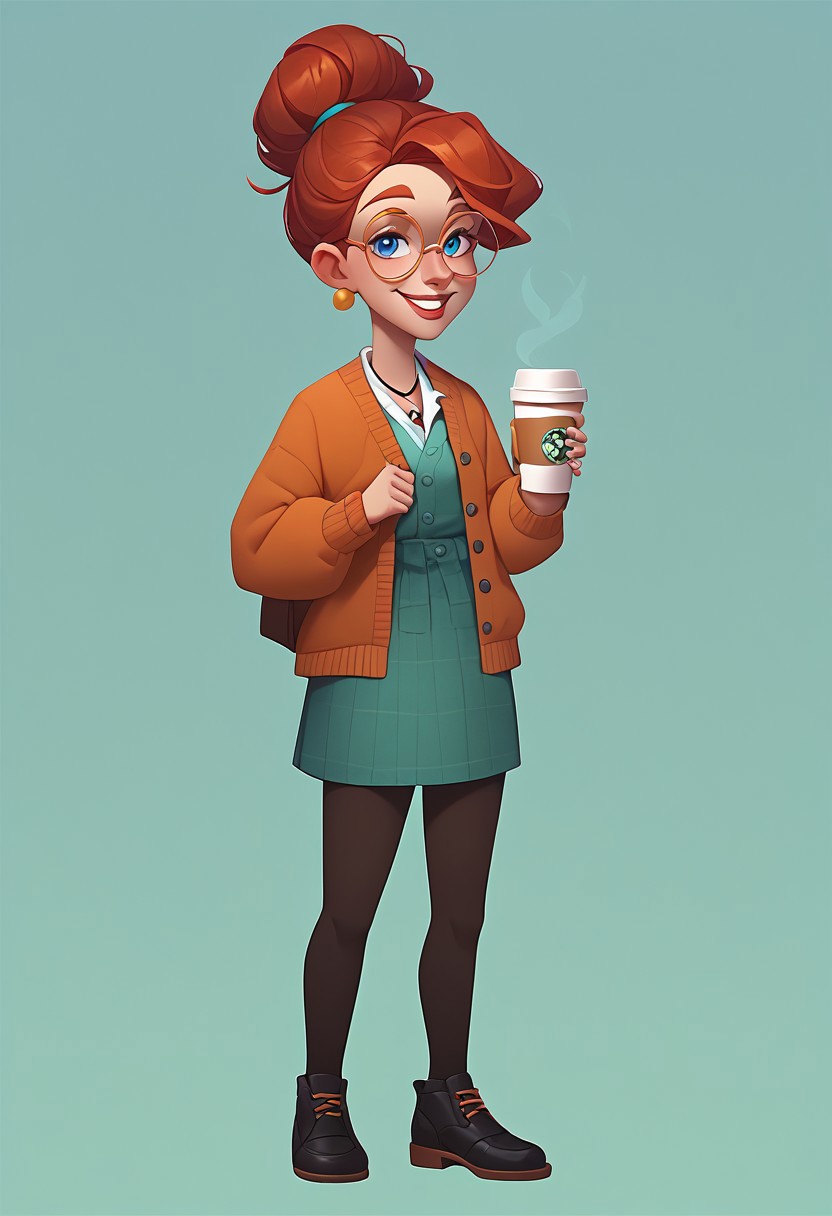 score_9, score_8_up, score_7_up, score_6_up, CasGAC, masterpiece, best quality, high detailed, absurdres, highres, BREAK 1girl, woman, young, small breasts, solo, smile, teeth, thin, blue eyes, pretty, ginger hair, red hair, orange hair, bun hairstyle with black elastic band, round glasses with silver frame, light blue short unbuttoned cardigan with gray buttons, V-neck short green dress with flowers pattern, dark blue 3/4 leggings, black pendant on her neck, black court shoes, black pump shoes, BREAK left hand holding coffee to take away, holding coffee in a white disposable cup with her left hand, right hand to the side, looking at viewer, standing, full body, full body shot, semi-sideways, half-sideways, BREAK simple background, gradient, green gradient on the background