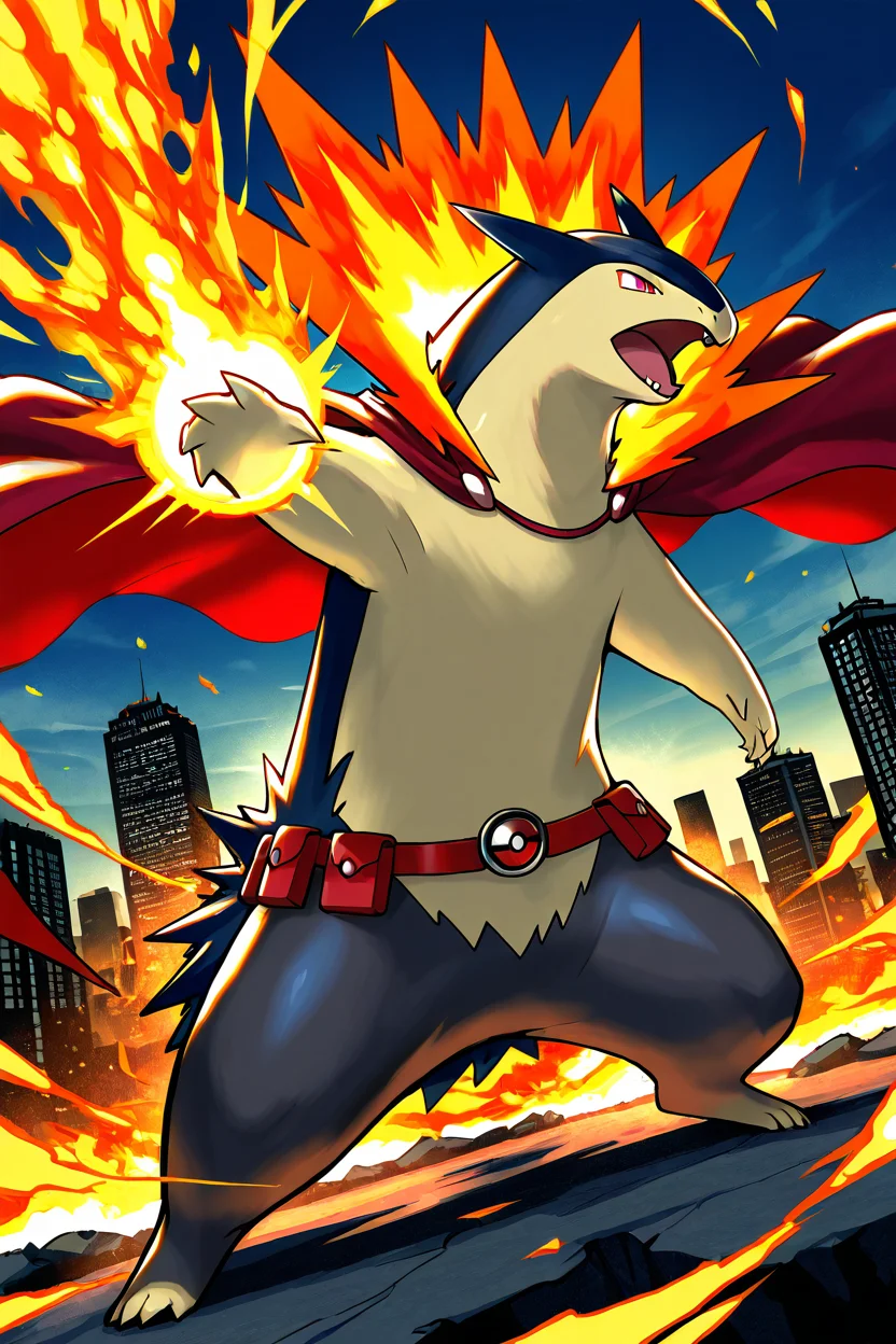 masterpiece, best quality, no humans, pokemon (creature), fire, <lora:TyphlosionPokedexIXL:1.0>, Superhero, zzTyphlosion with cape, mask, tights, utility belt, dynamic pose, city skyline, energy blast, dramatic lighting, heroic stance