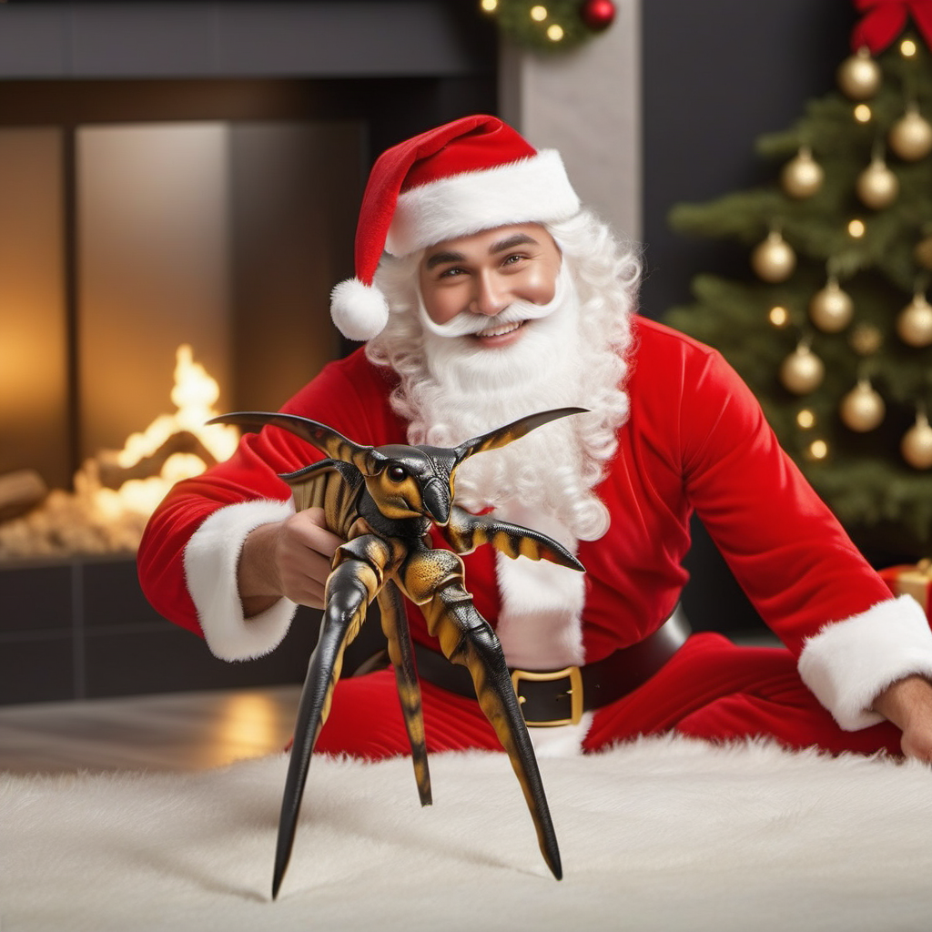 santclaus poses with a bug, selfie style, smiles, christmas gifts,christmas scenery, livingroom, fireplace, features intricate detail, detailed eyes, highly detailed, photography, ultra sharp, film, bokeh, professional, 4k  <lora:Starshiptrooper1024-000477:0.8> <lora:add-detail-xl:1>