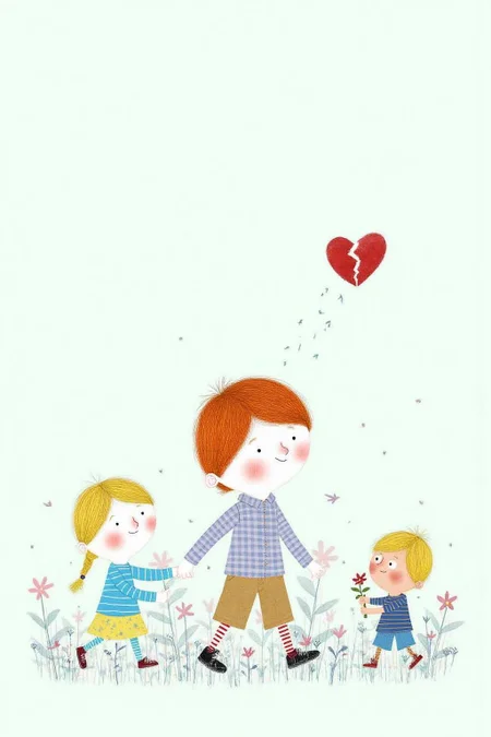 macha1 illustration. 
a girl and two boys. A girl with braided blonde hair walking away with a tall boy. The boy has red hair and is wearing a checked shirt. Behind them is a short blonde boy is holding a flower, craying. There is a broken heart floating in the sky. <lora:macha1_cap_d6a3e12:1.0><lora:827691651930662688:0>