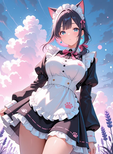 lazypos, cat ears, 1girl,solo, V-Cut , Impassioned, maid uniform Cherry background with tiny lavender circles, resembling bubbles., bokeh, vibrant colors, (colored light particles,:1.6) (bloom:1.4), cloudy, dreamy atmosphere, fogy, dynamic angle, mature, adult, <lora:Nyanku:1> nyanku, nyankupatches
