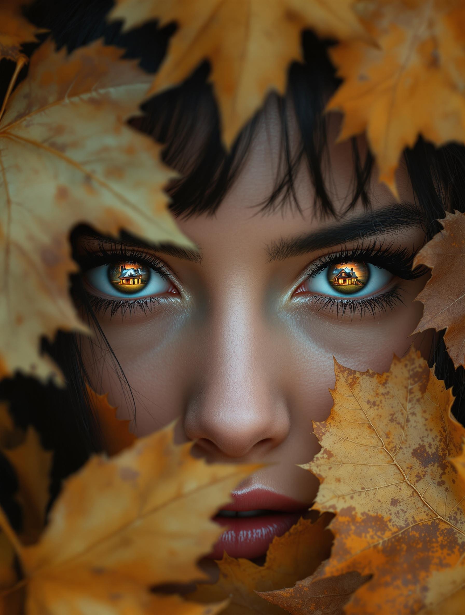 Masterpiece, best quality, highly detailed, very aesthetic, absurdres, newest style. A close-up of a single girl with intense eye focus, her half-face framed by dried autumn leaves that partially cover it. She has striking black hair, long, defined eyelashes, and wears subtle makeup that enhances her sharp features.
Her wide, round pupils reflect anger and intensity, with furrowed brows and narrowed eyelids emphasizing her emotional state. Her bright, vivid, detailed eyes catch the light, and embedded faintly within her pupils is the image of a one-story home, adding a mysterious and symbolic element.
The composition is straight-on (1.2), creating a powerful connection with the viewer. The intricate details of her eyes, lashes, and facial features are rendered with exceptional precision, contributing to a highly aesthetic and captivating visual. The atmosphere is emotional and deeply evocative, blending natural elements with symbolic imagery