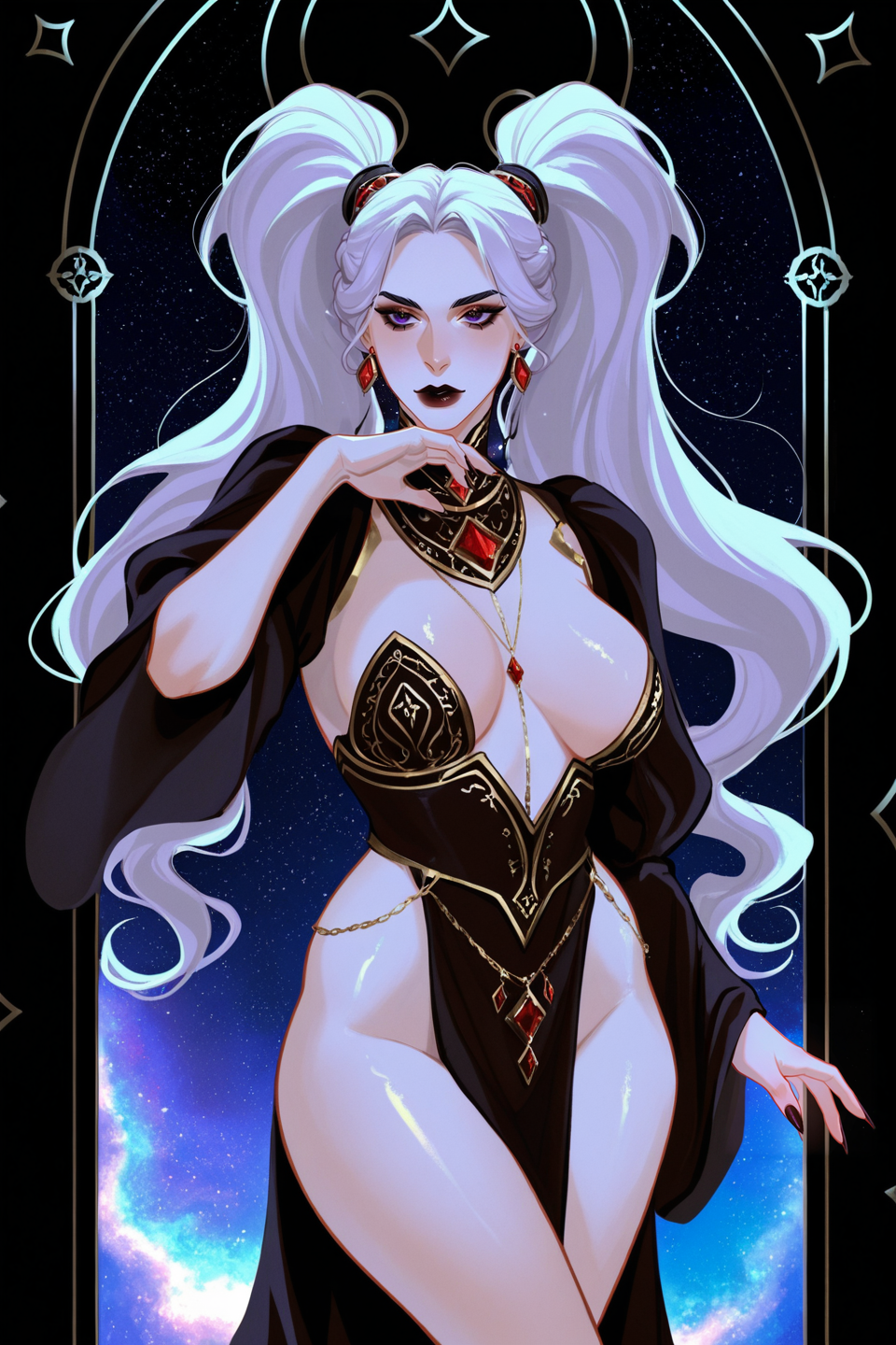 Score_9, score_8_up,
Detailed, details, v4l3nt4in3,
witch, glamour, elegant, revealing clothes, dramatic pose, twintails, jewelry, 
 cosmic background,
details,detailed, dark composition,medieval, shiny,
 <lora:Valentaine-Illustrious-000016:1>