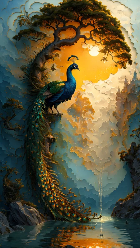 romantic art, low angle, This fantastical painting depicts a single peacock drinking water from a tranquil lake at sunset with clouds casting shadows across the sky. The setting sun bathes the scene in a warm golden light creating an ethereal atmosphere. The peacock's feathers are painted with incredible detail each individual scale visible under the artist's skilled hand. The clouds in the background are depicted in a gradient of colors from soft yellow and oranges to deep blues and gold adding to the dreamlike quality of the scene. The overall style is reminiscent of fantasy art with a focus on intricate details and a sense of wonder. The image is a true masterpiece showcasing the artist's exceptional skill in capturing the beauty and majesty of nature in a surreal and imaginative way. pastel colors,
<lora:Paul_Signac_Neo-Impressionist_dotted_paintings_Pointillism:1> ah_signac <lora:TQ_-__Kids_Storybook_Illustrations_XL-000006:0.2> <lora:artfullyTREETTREET_SDXL_V1:1.2> Arttrttrt