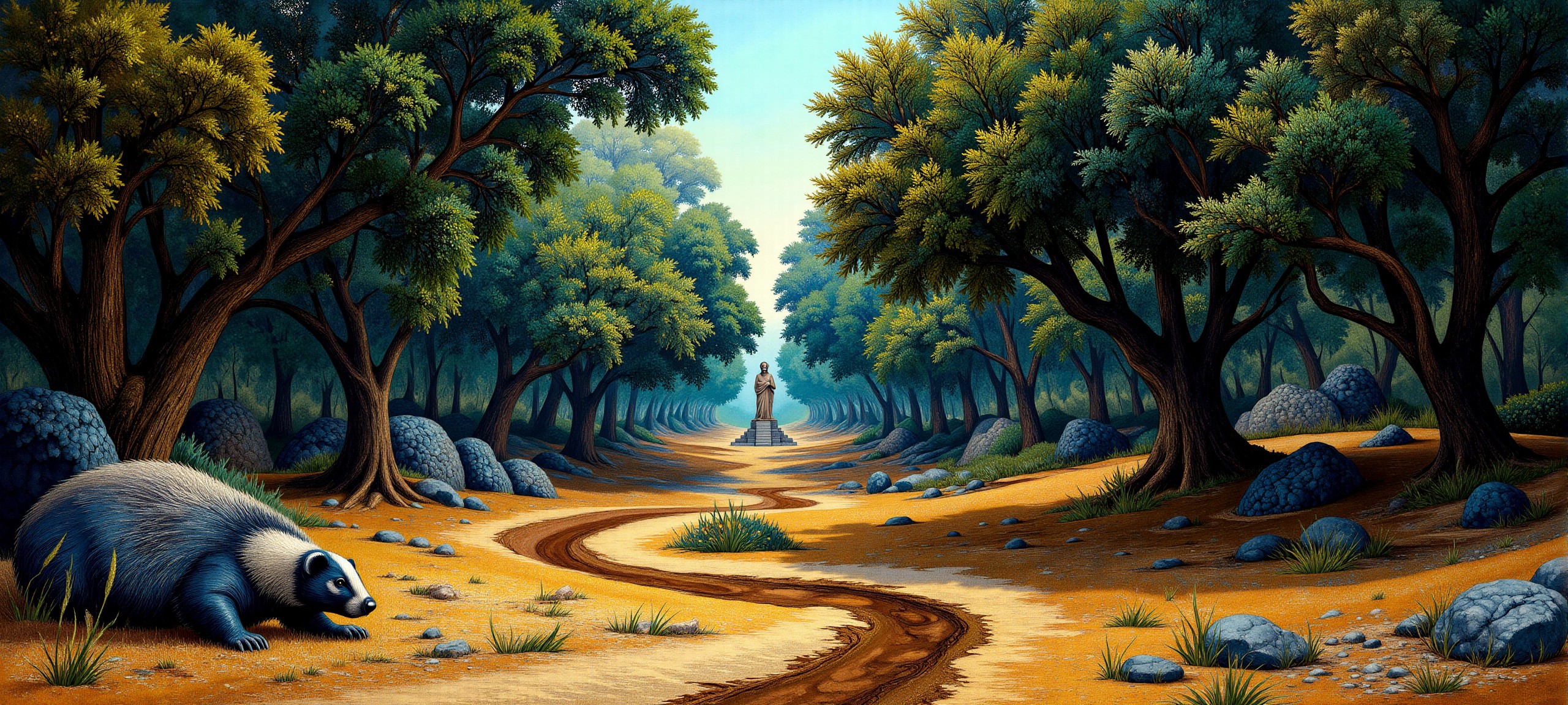 Op Art painting. Ground level view long shot. A magnifcent Saudi wooded valley, European badger by day. Mayan theme. In the distance there is a statue. Intricate white and cobalt-blue and bronze wavy details. Overall, the scene is Pre-Raphaelite and is very detailed. Dramatic lighting illuminates the scene from the front. <lora:Charcoal01d_CE_FLUX_AIT:0.6> <lora:Paper_Marbling_Flux:0.5> <lora:midjourney_whisper_chromaplex_v1:0.5>