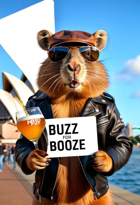 a photorealistic photograph of a leather jacket cute fluffy Capybara wearing sunglasses. (((holding a sign that says “Need Buzz for Booze”, text:"Need Buzz for Booze"))), The subject is also sipping a refreshing pint of beer drink right outside of the Sydney Opera House during sunset. This 4K HD image is Trending on Artstation, featured on Behance, well-rendered, extra crisp, features intricate detail and is in the style of Unreal Engine. <lora:add-detail-xl:1>, <lora:xl_more_art-full_v1:0.75> sunny day