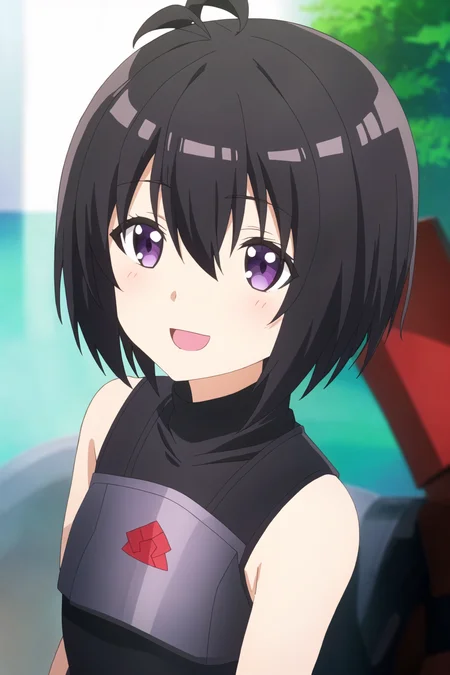 maple, anime art style, 1girl, solo, smile, short_hair, open_mouth, bangs, black_hair, hair_ornament, hair_between_eyes, bare_shoulders, purple_eyes, upper_body, ahoge, :d, sleeveless, armor, turtleneck, bob_cut, portrait, shield, sleeveless_turtleneck, looking_ahead, hair_strand, black_armor, red_sleeves