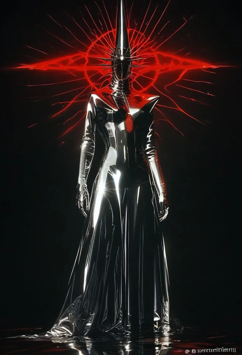 Score 9, Score 8_up, Score 7_up, Hyper-realistic digital illustration (Inspired by Salvador Dalí): A tall, masculine figure stands in surreal chrome priest attire, intricately layered with chrome crosses and flowing metallic drapery. The face is hidden beneath a high-gloss chrome mask, casting an ominous yet holy aura. Set against a solid black background, red leaks seep from the base, pooling around his feet. Reflections and shadows play across the chrome surfaces, with a dreamlike intensity, conjuring a haunting blend of darkness and spirituality.