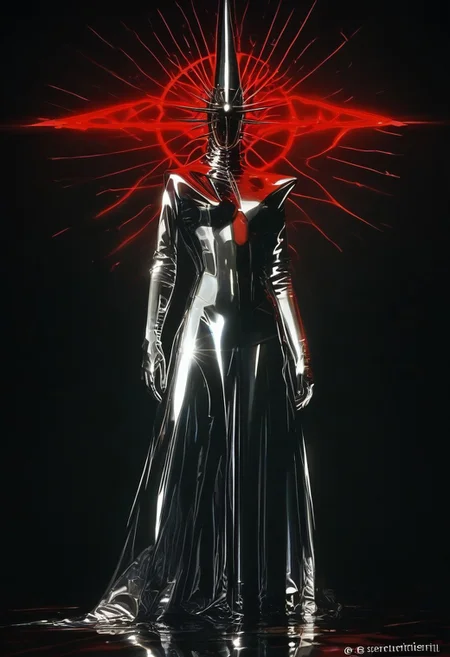 Score 9, Score 8_up, Score 7_up, Hyper-realistic digital illustration (Inspired by Salvador Dalí): A tall, masculine figure stands in surreal chrome priest attire, intricately layered with chrome crosses and flowing metallic drapery. The face is hidden beneath a high-gloss chrome mask, casting an ominous yet holy aura. Set against a solid black background, red leaks seep from the base, pooling around his feet. Reflections and shadows play across the chrome surfaces, with a dreamlike intensity, conjuring a haunting blend of darkness and spirituality.