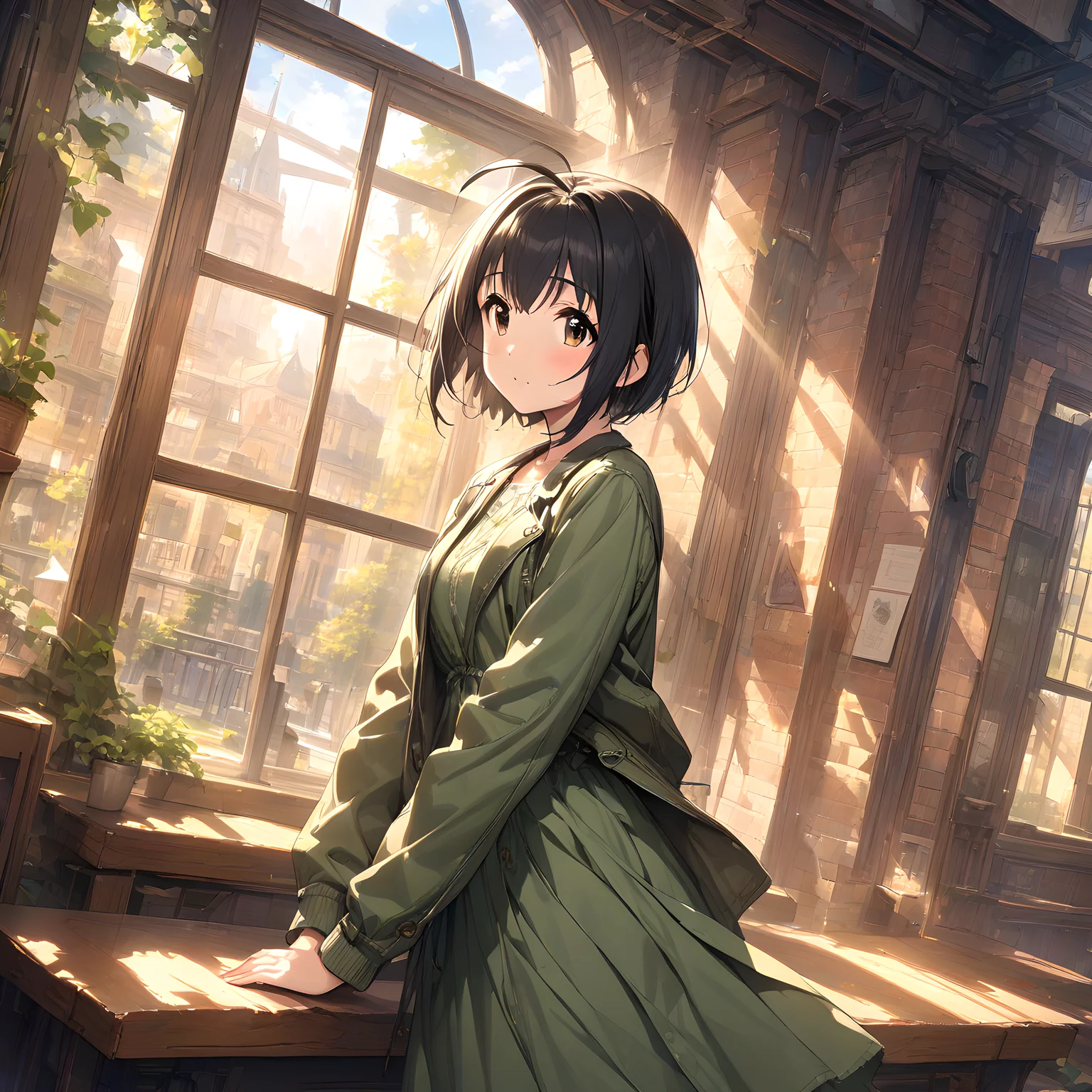 (masterpiece),(best quality),(ultra-detailed),(best illustration),(best shadow),(absurdres),(detailed background),(very aesthetic), miho kohinata, 1girl, ahoge, short hair, black hair, solo, brown eyes, jacket, dress, window, long sleeves, bangs, from side, green dress<lora:Miho_Kohinata:1>