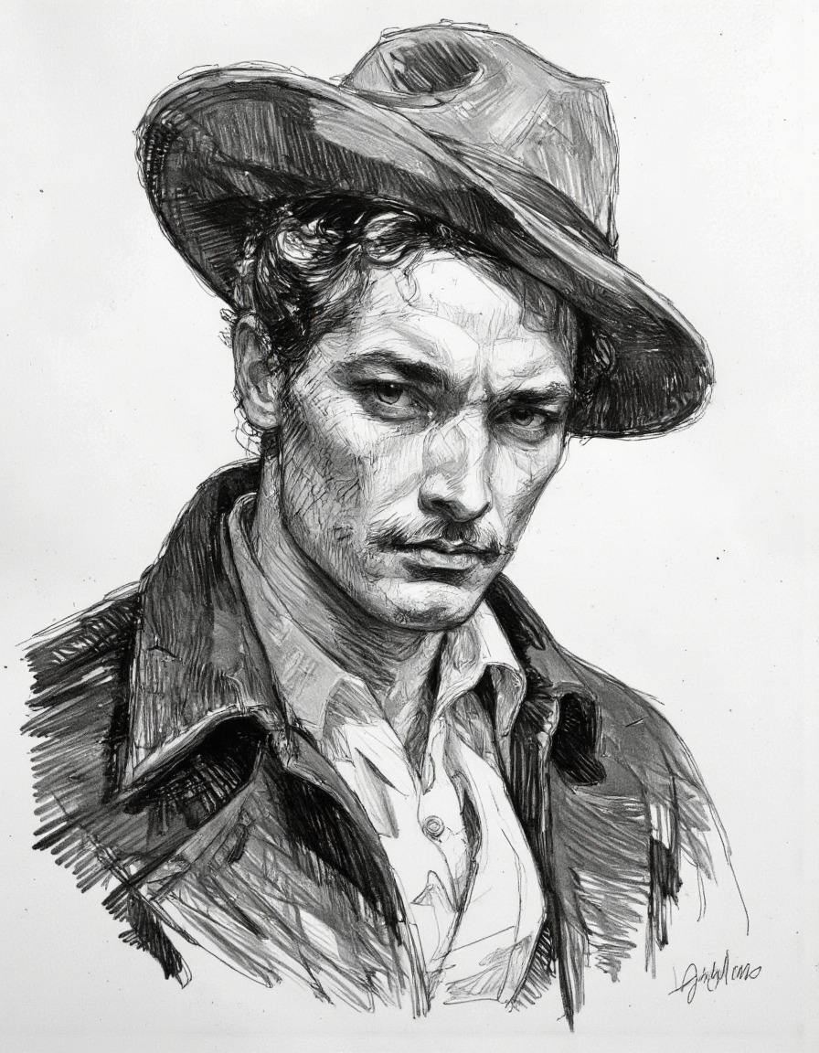 This is a highly detailed, black-and-white drawing of a man, rendered in a semi-realistic, high-contrast style on smokey paper.
The drawing is done in a realistic style, with intricate cross-hatching and shading techniques that convey texture and depth. The man has a rugged, weathered face with prominent cheekbones, a strong jawline, and a thick, bushy mustache. His hair is curly and slightly unkempt, and he wears a wide-brimmed hat that casts a shadow over his forehead, adding to the somber mood of the image. His attire is historical, consisting of a high-collared, white shirt with visible folds and a dark, textured coat that appears to be made of a heavy material. The background is minimalistic and white, allowing the focus to remain entirely on the man's face and attire. The artist's skillful use of light and shadow creates a three-dimensional effect, making the man's facial features and clothing textures stand out prominently. The overall style and execution of the drawing evoke a sense of realism and historical accuracy, reminiscent of 17th-century portraiture. <lora:Sketch:0.95>